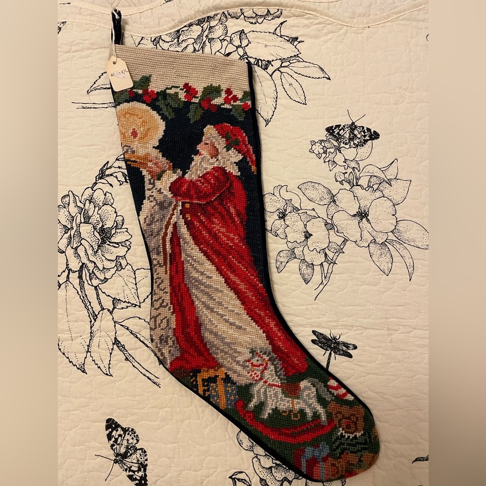 Vintage Christmas Candlelight Santa Needlepoint Stocking RARE NWT 22in